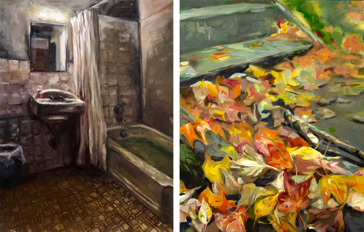 Two paintings by Sally Carr; Left: a bathroom; right: autumn leaves on a stoop