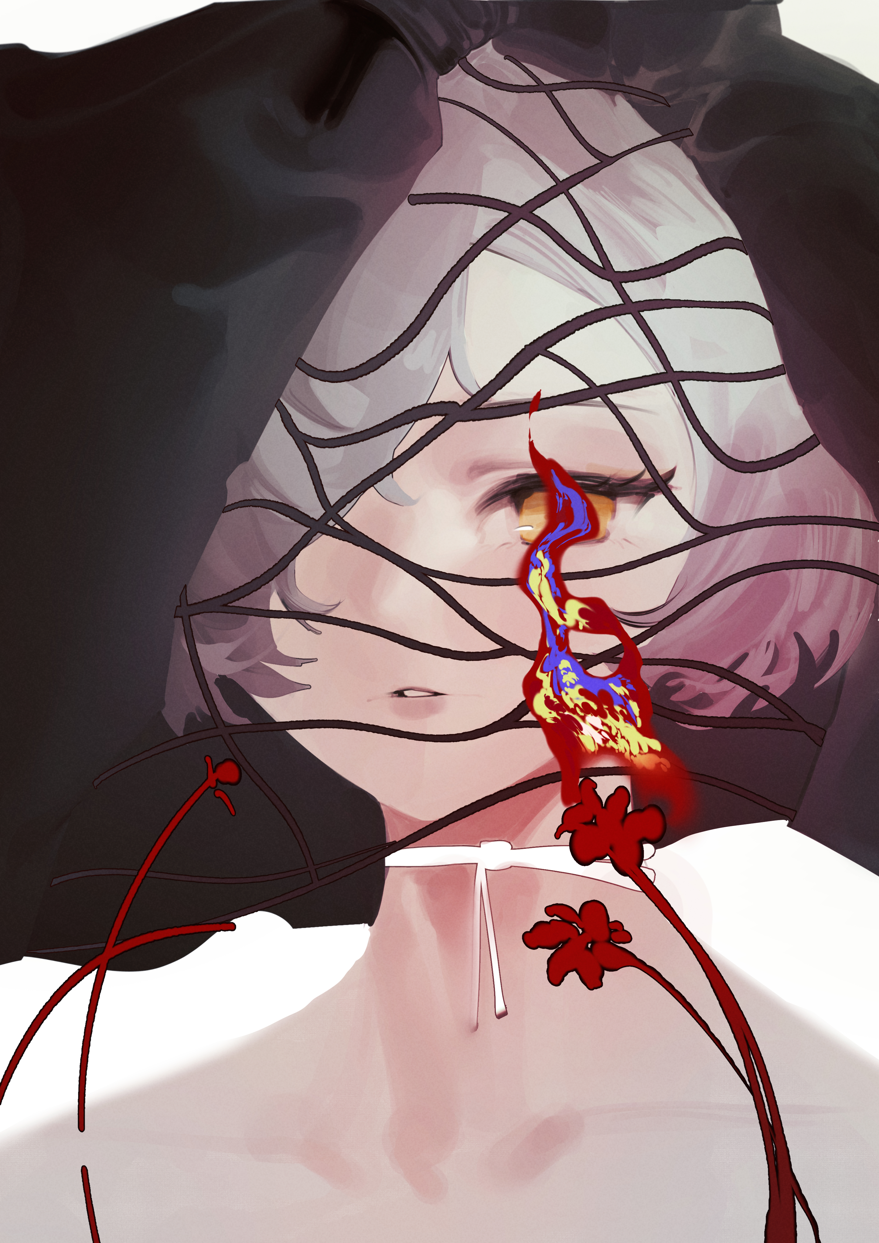 Digital art featuring a female figure with black curved lines intersecting their face, red lines and shapes layered in the foreground and overlapping with figure's eye