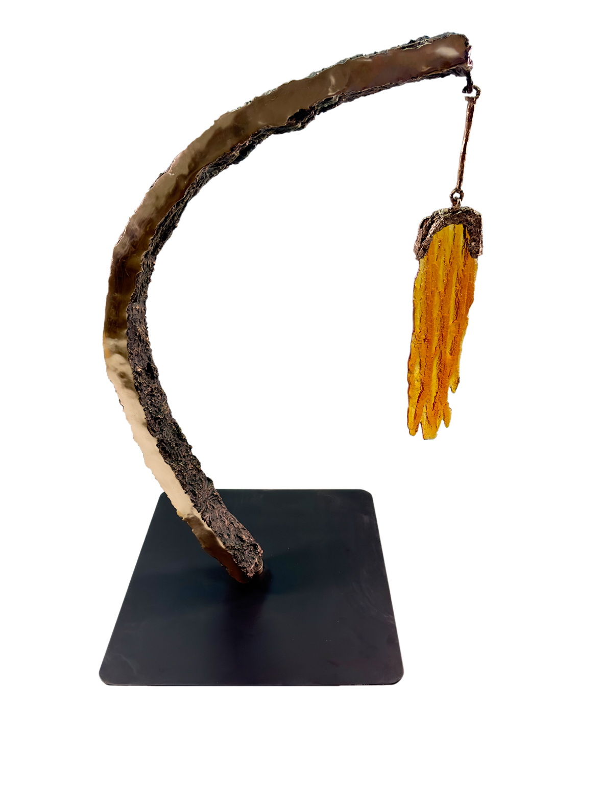 Artwork by John Hallett: Abstract sculpture with a square, metal base, bronze vertical projection arcing over the base, and orange glass hanging from the end of the bronze