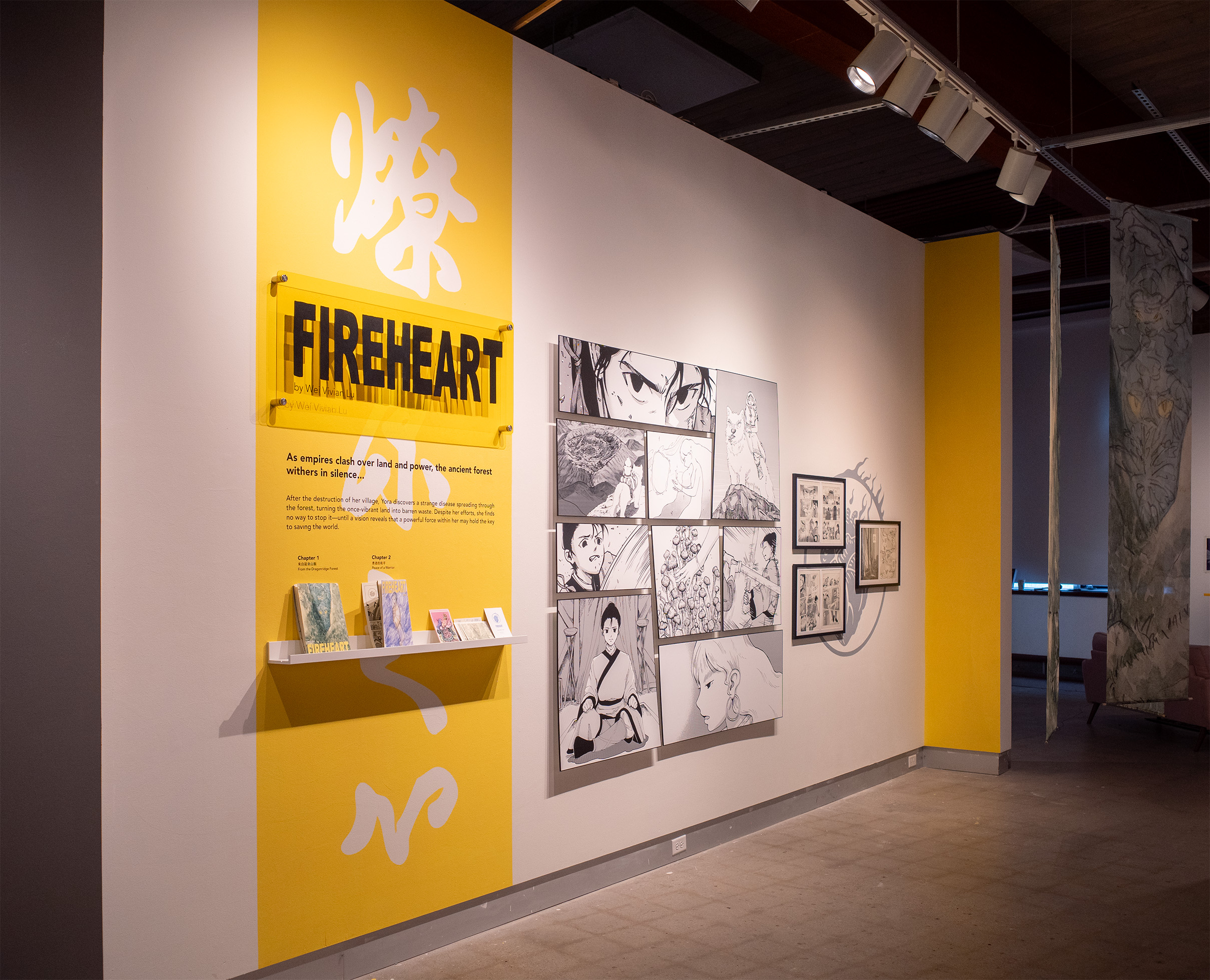 Installation of comic book, with comic section panels on the wall.