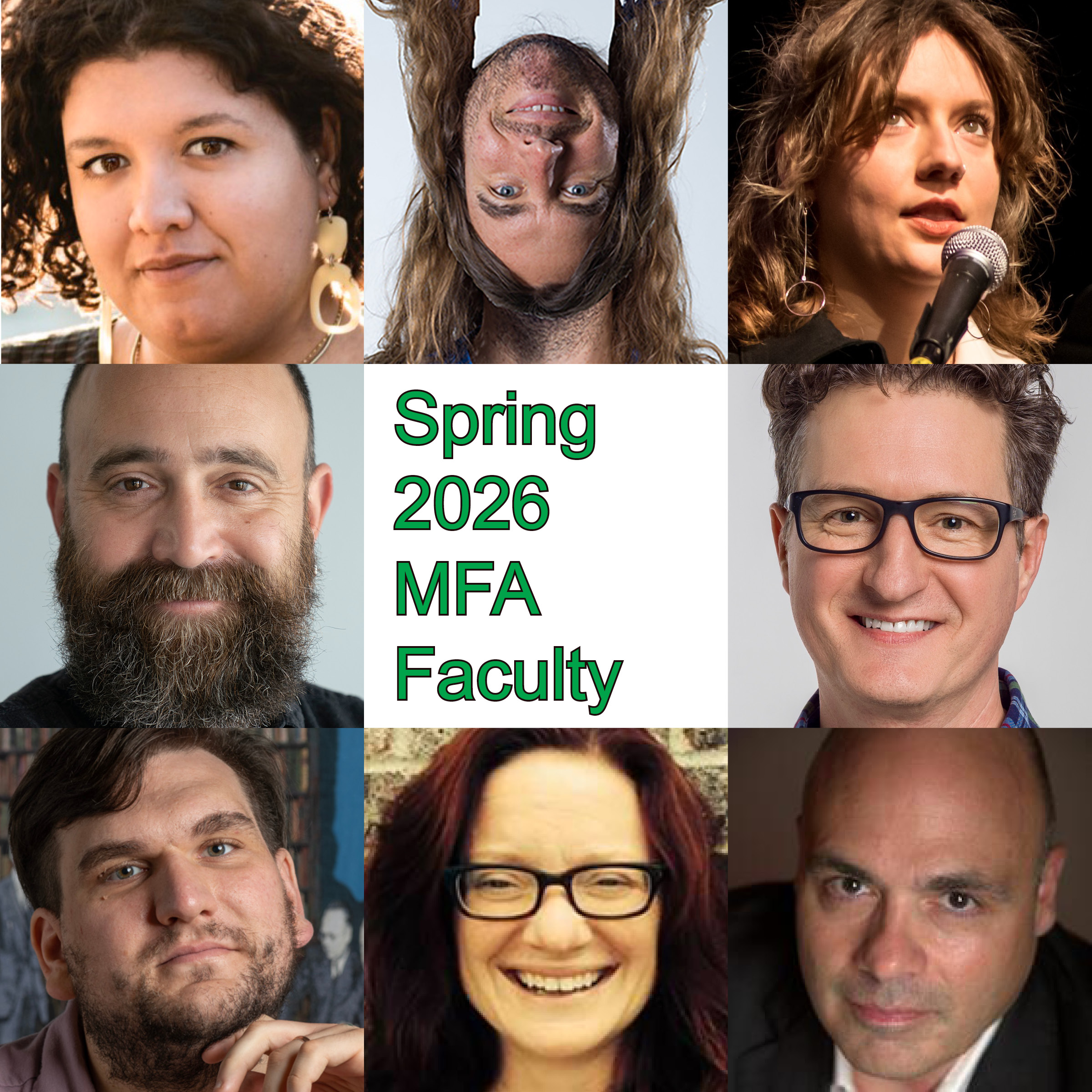 Grid with eight headshots of professors and the text Spring 2026 MFA Faculty