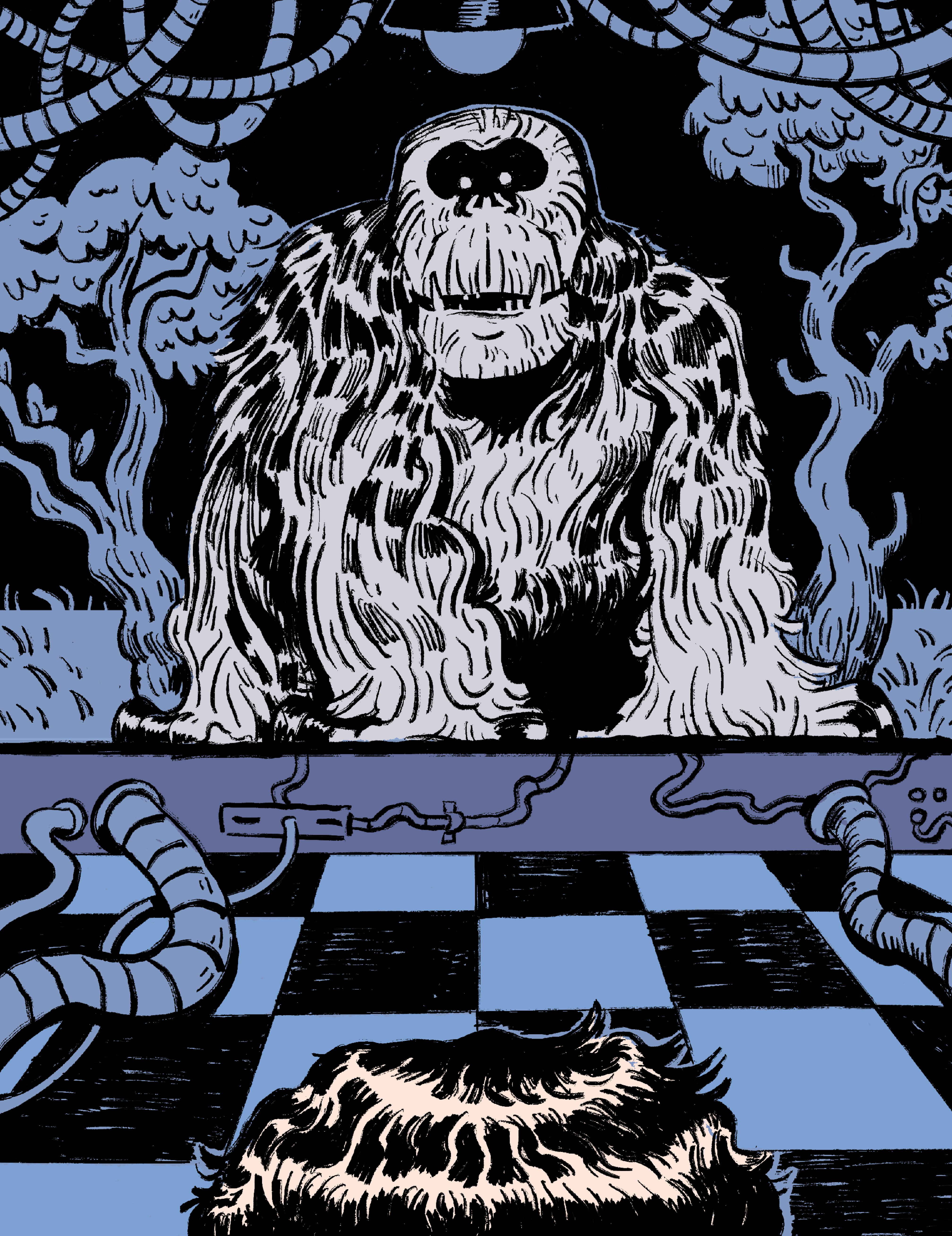 Image of Alberth work.  large, shaggy, yeti-like creature with hollow black eyes sits in a surreal environment. Twisted trees and dangling cables surround it under a single overhead light. The floor is a black-and-blue checkerboard, and in the foreground, part of another furry creature's head is visible, facing the larger figure.