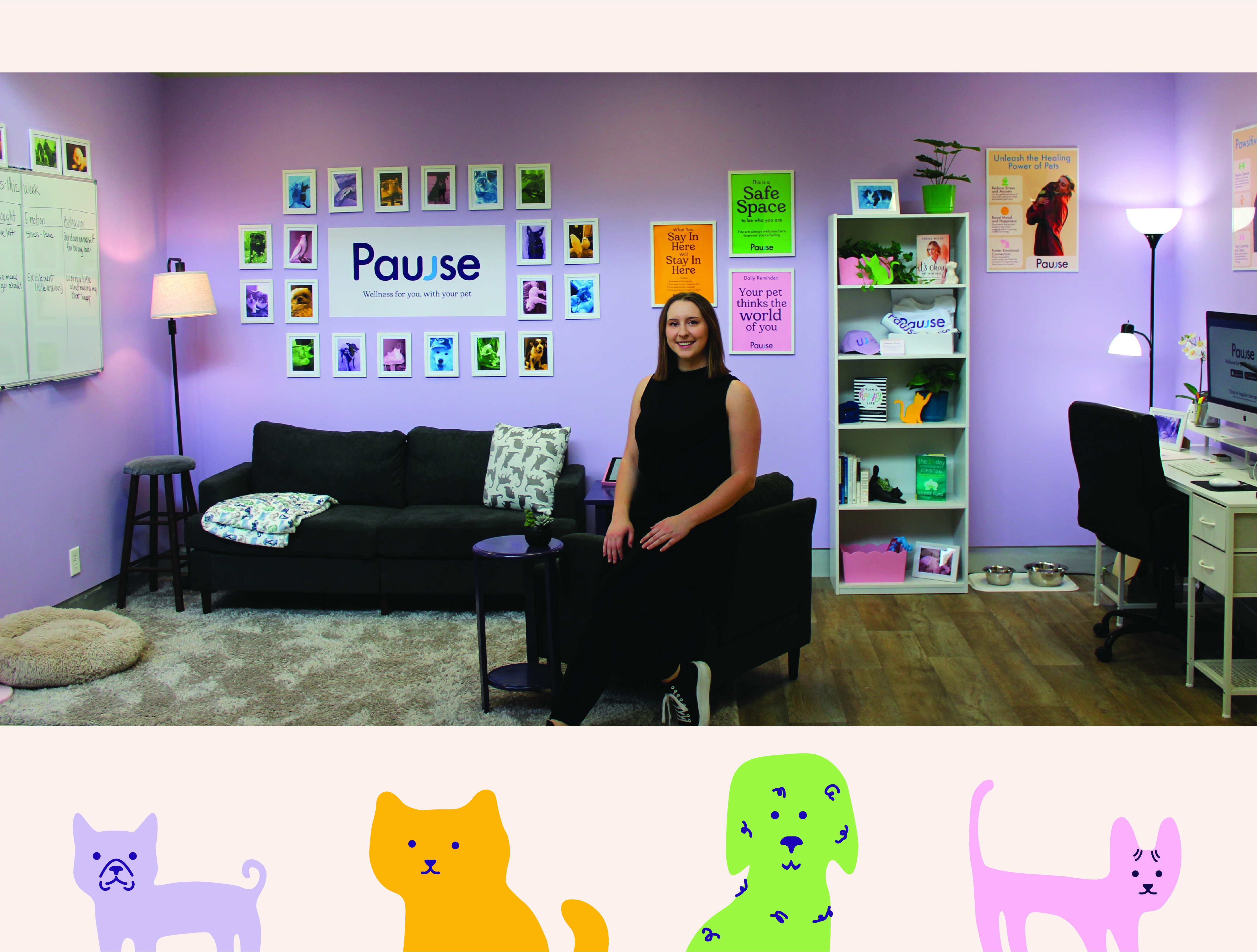 Artwork by Gabby Hicks: installation of a purple waiting room at a therapist's office. Gabby's designs are used in marketing and promotional materials for her therapy brand, Pawse.
