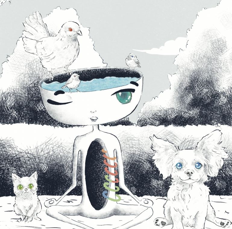 Illustration of Kup, dog, cat, bird. 