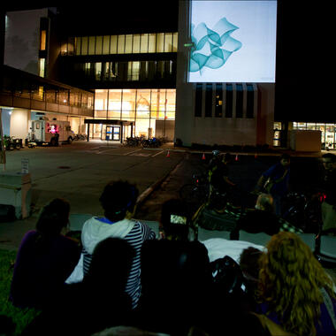 Verostko, Three-Story Drawing Machine, 2011, eight-hour video projection, presented by NorthernLights.mn as part of Northern Spark, Minneapolis College of Art and Design, Photo: Dusty Hoskovek, courtesy NorthernLights.mn.
