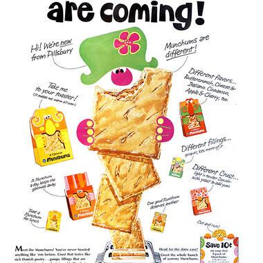 “Munchums,” package design and newspaper ad for Pillsbury, 1966