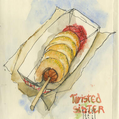 Patricia Jacques of the Twin Cities Urban Sketchers, Twisted Sister, 2017, watercolor and pen on found paper, 10 x 8 in.