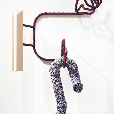 Betsy Alwin, Caught in the Cycle, 2017, porcelain, flocked rebar, wood, 36 x 29 x 8.5 in.