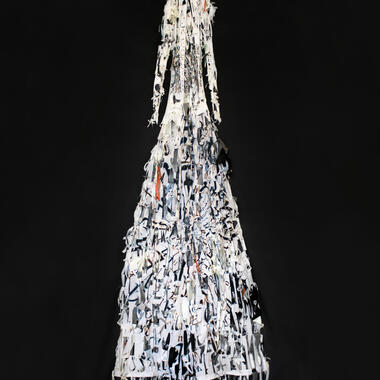 Lesley Dill, White Dress, 2018, acrylic paint, oil stick, and thread on fabric, 90 x 36 x 2 in., Courtesy of the artist and Nohra Haime Gallery, New York 