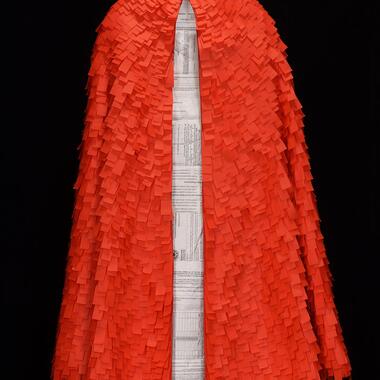 Erica Spitzer; Rasmussen Red Tape Cape; mixed media with commercial paper (tape, paperwork, cotton thread, and a secret note); 2020; Photo credit: Petronella Ytsma