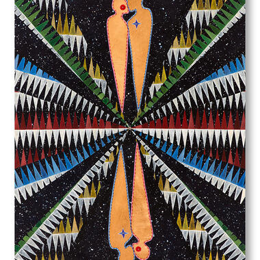 Dyani White Hawk, Tapun Ša Win, 2017, acrylic, smoked buckskin, vintage beads, porcupine quills, thread on canvas, 48 x 36 in., Courtesy of the artist and Bockley Gallery, Minneapolis.
