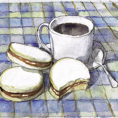 Marcelo Valdes of the Twin Cities Urban Sketchers, Alfajores, 2018, watercolor, 8 x 8 in.