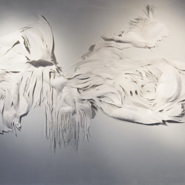Rina Yoon, earth between in and yeon, 2015, hand-coiled mulberry paper, 6 x 13 ft.