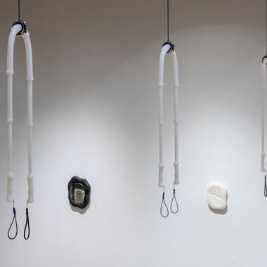 Zachary Betts, slipping touch, 2020, cast silicone, stainless steel, leather, twine. Photo credit: Rik Sferra