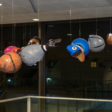 Carolina Borja, Zipper Merging Your Ducks in My Row, 2015, paper-mache installation; photo by Rik Sferra.