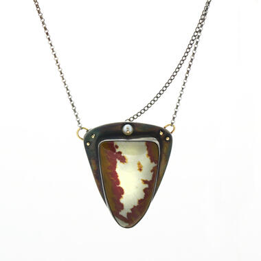 Susan Crow, Pendant. Handmade from recycled sterling silver and 14kt yellow gold. Set with an environmental and ethically sourced Idaho Jasper and reused freshwater pearl.