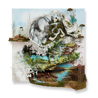 Gregory Euclide, Untitled, 2012, acrylic, paper, pencil, sponge, sedum, foam, moss, hosta, sage, pine cone, euro cast, sumi, 36”h x 36”w x 16”d