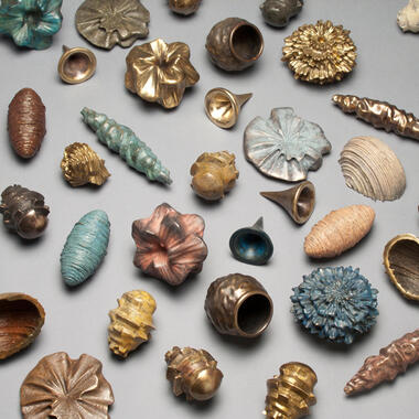 Mary Bates Neubauer, Data Visualizations, 2011-14, patinated bronze, copper and iron, from 3D prints of data visualization embedded on surfaces of forms. Courtesy of the artist.
