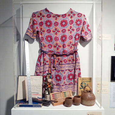 Patsy Herbert (Student 1972-74), Pencils, two sketchbooks, pen set, tea set, 60’s tunic, bong, ruler, and prang water color case