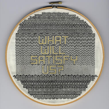 Jessica Sowls, What Will Satisfy Us?, 2008-2009, cotton thread and fabric, wood and metal hoop Dimensions: 9.5”x 9.5”x .5”
