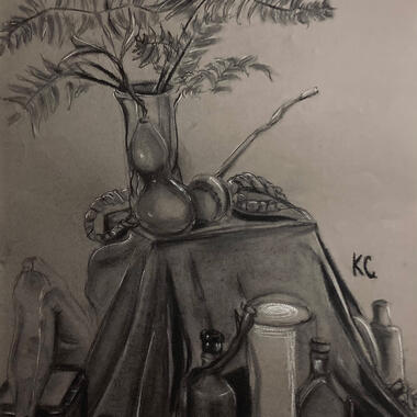 Charcoal drawing of a still life including ferns and branches in vases and various glass bottles. 
