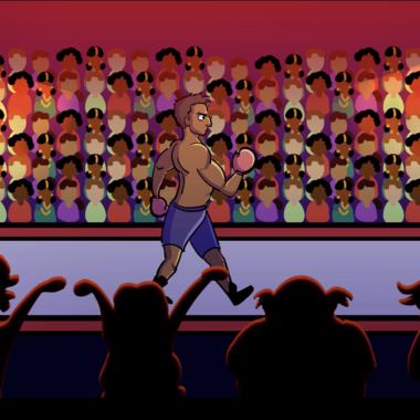 Animation still of a boxer on stage wearing boxing gloves and shorts. Part of the crowd can be seen from the back in the foreground as silhouettes. The rest of the crowd is shown in an abstract manner behind the boxer.