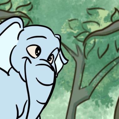 Animation still showing a digital drawing of a cartoon blue elephant with several tress in the background.