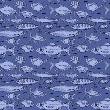Mid blue background, covered with evenly spaced light blue fish. Fish are hand drawn in black line.