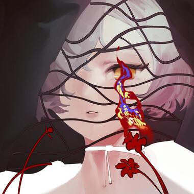 Digital art featuring a female figure with black curved lines intersecting their face, red lines and shapes layered in the foreground and overlapping with figure's eye