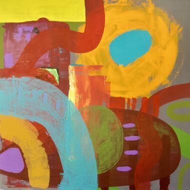 Image of one of Kevin's abstract paintings, that include large brushtrokes of bright acrylic paint.