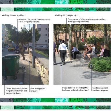 before photo of a street that discouraged walking and after photo of a street that encourages walking