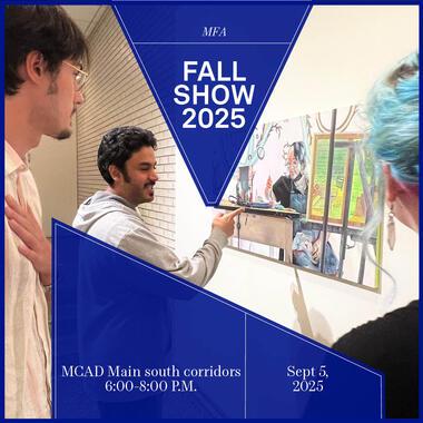 Square poster image showing abstract blue shapes with text showing date/time of the 2025 MFA Fall Show, over a photo of three individuals looking at and talking about a painting.