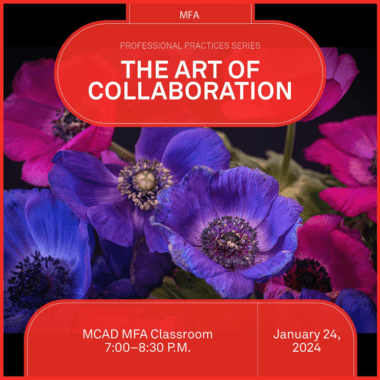 Square image showing event details for The Art of Collaboration panel discussion.