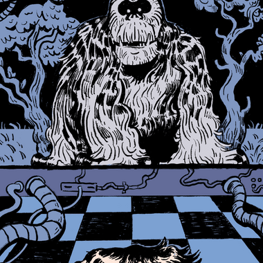Image of Alberth work.  large, shaggy, yeti-like creature with hollow black eyes sits in a surreal environment. Twisted trees and dangling cables surround it under a single overhead light. The floor is a black-and-blue checkerboard, and in the foreground, part of another furry creature's head is visible, facing the larger figure.