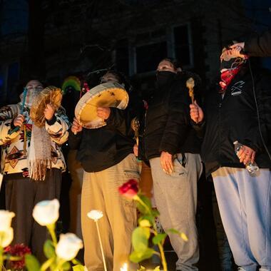 Photo taken by Aaron Nesheim, Sahan Journal, of creatives drumming at a vigil in Minneapolis