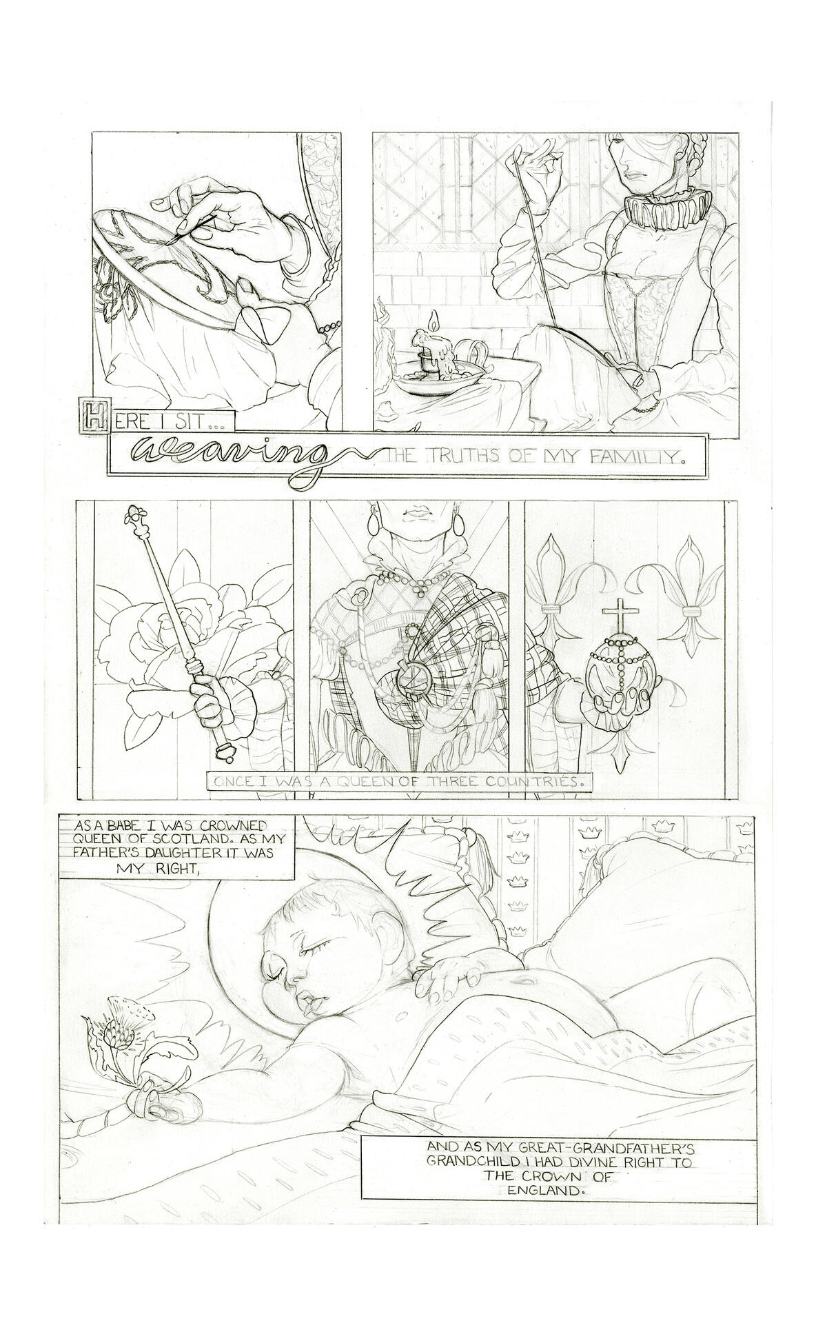 Graphite rendered comic page detailing the biography of Mary Queen of Scots. ; Sarah Boley
