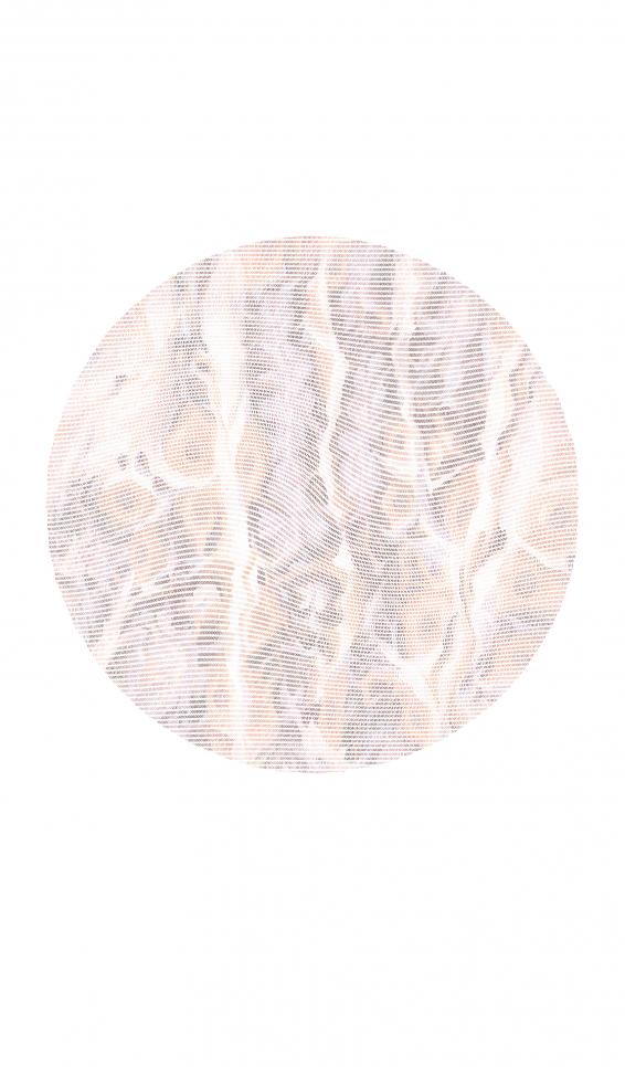 Graphic abstract print of texture and pastel colors encompassed in a circle.  ; Brittni Krieger