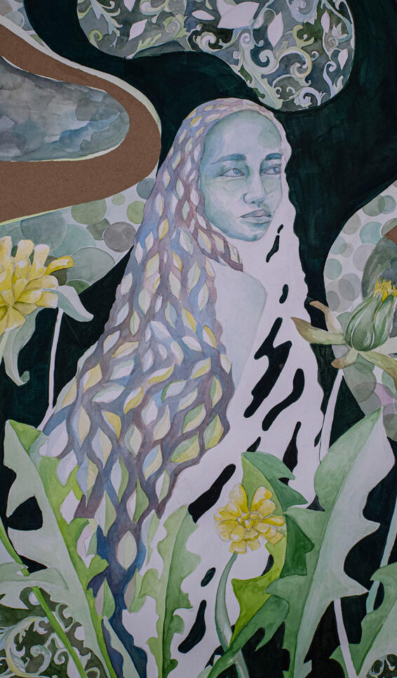 Illustrated portrait of a person surrounded by nature ; Makayla Smith