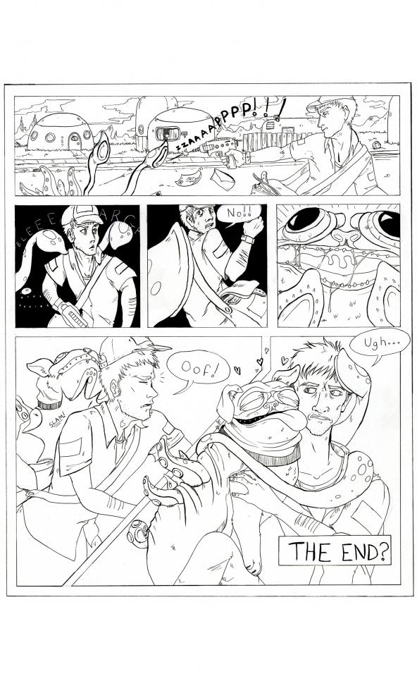 Inked comic page of a human making friends with an alien dog.  ; Samantha Johnson