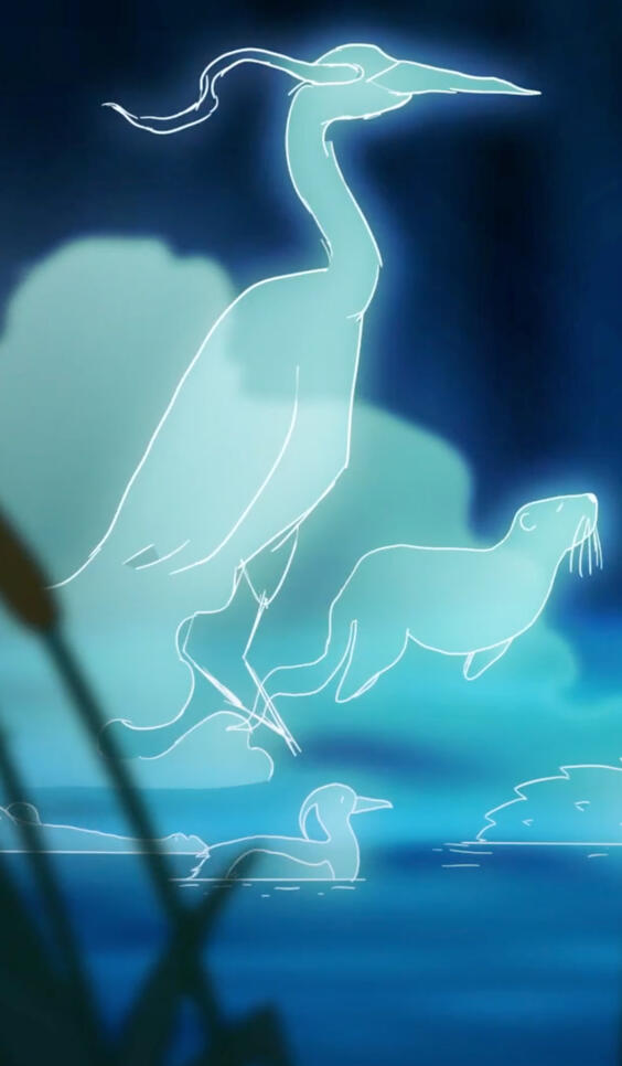 Animation still of ghost animals in a swamp ; Grey Anderson