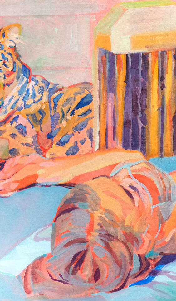 Painting of a person laying with a tiger ; Sage Phillips