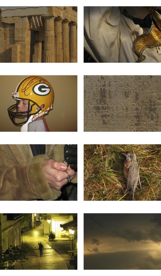 A 2x4 grid of nostalgic photos in a pale warm yellow and green pallette by Adelaide Meyer. ; Adelaide Meyer