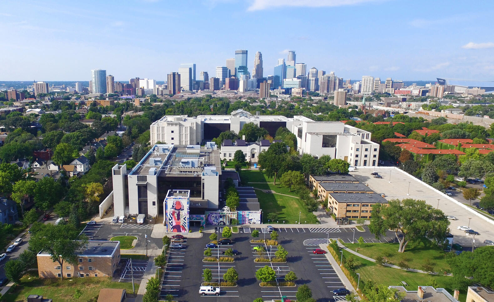 Aerial view of MCAD's campus with Mia and the minneapolis skyline in the background