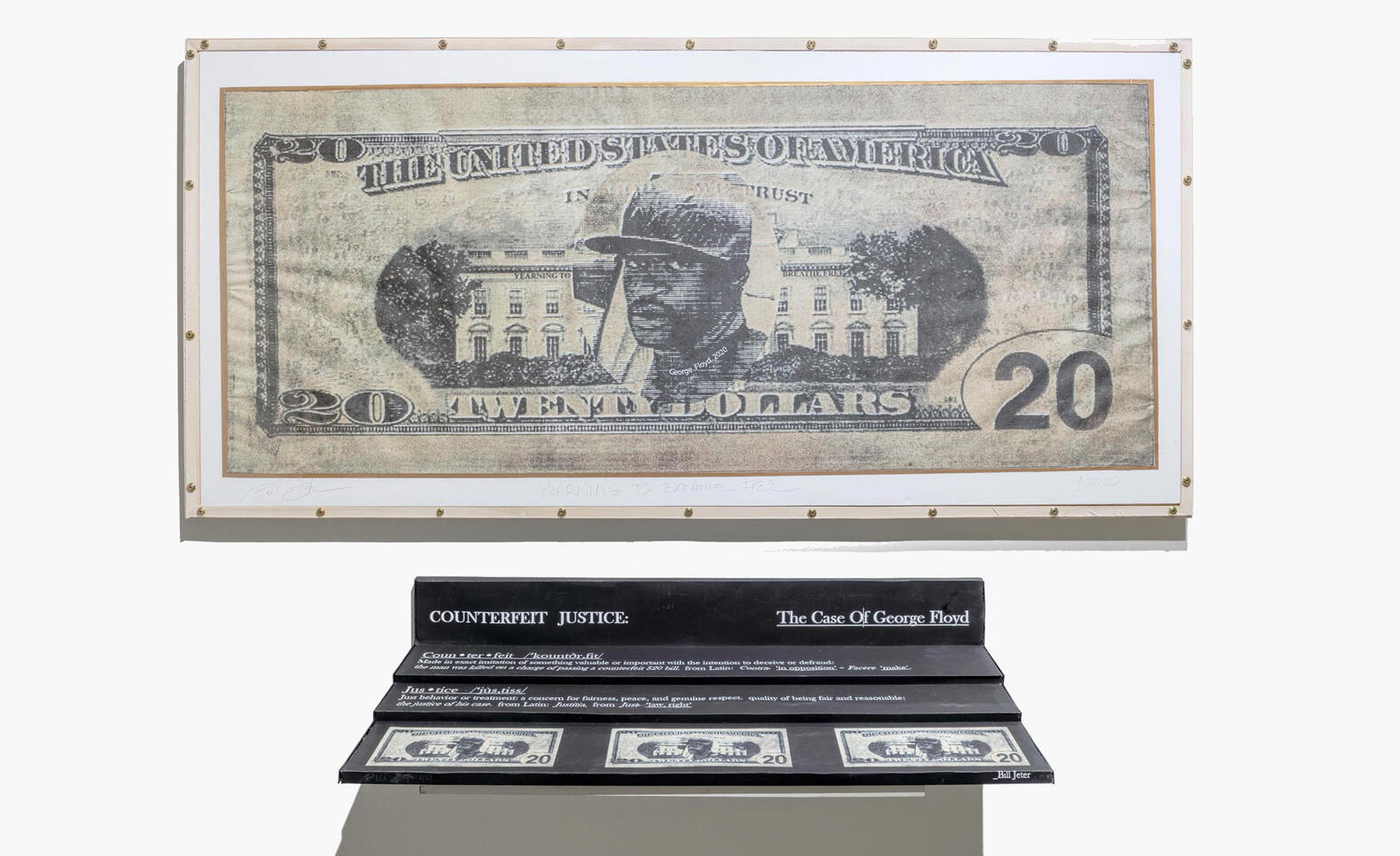 Image of a 20 dollar bill with George Floyd's portrait, lithograph print ; Bill Jeter
