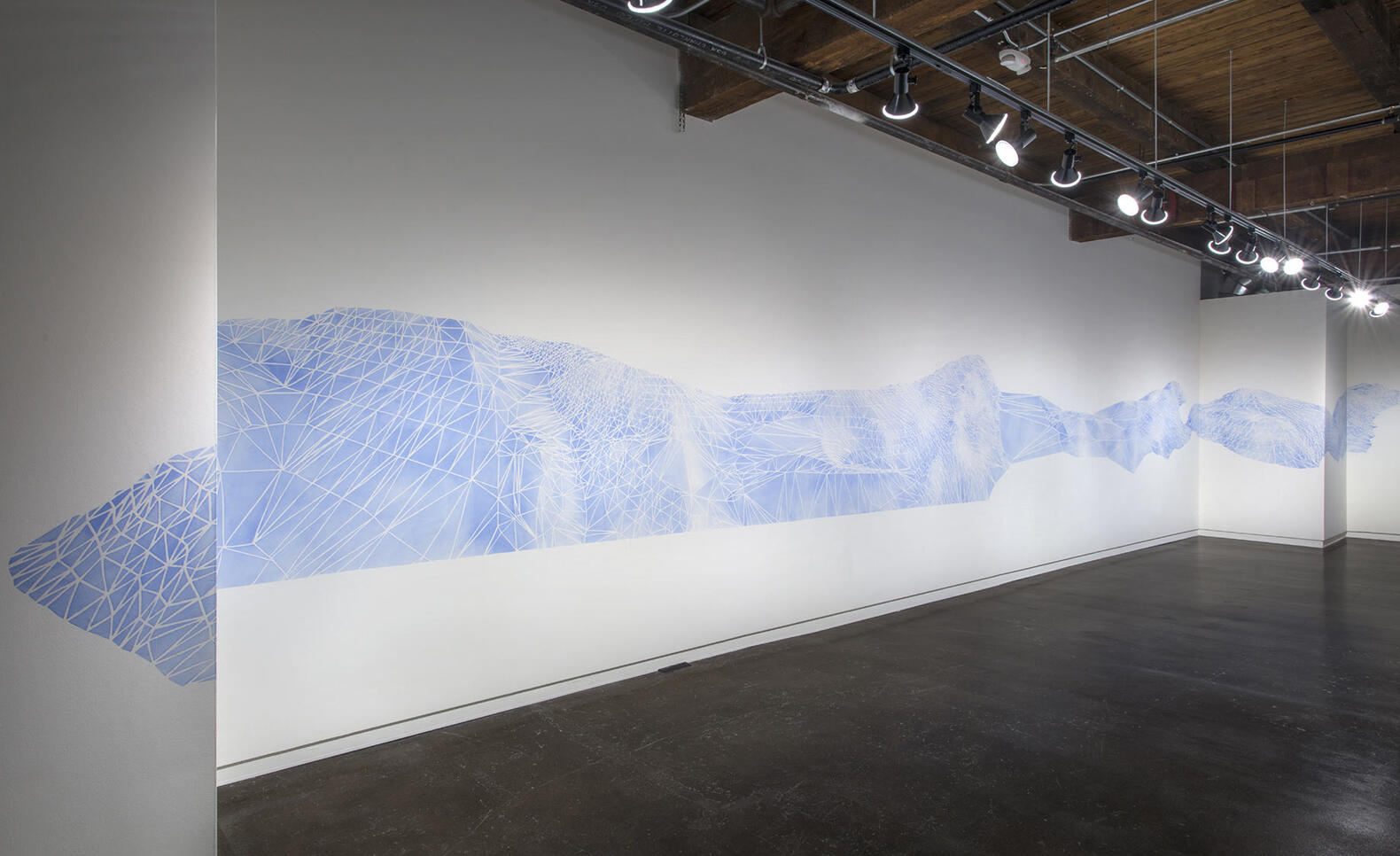 Dead Reckoning, 2015, Plumb line marking chalk on gallery walls, Soo Visual Art Center, Minneapolis ; Alyssa Baguss