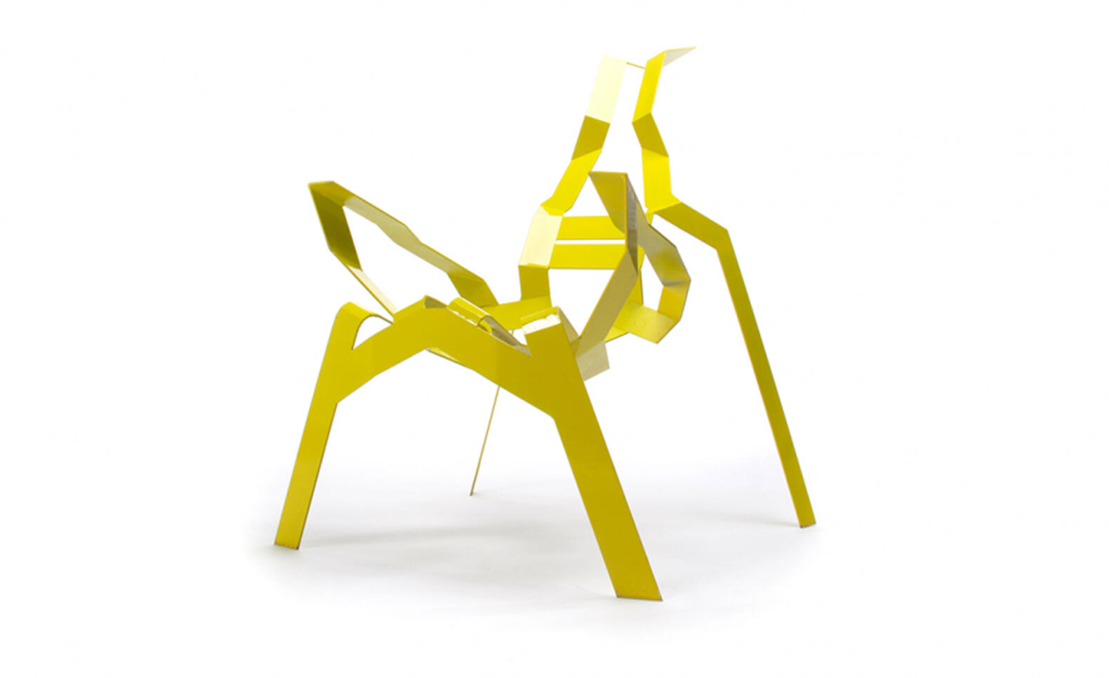 Yellow abstract chair resembling a mantis ; Gabriel Ruegg