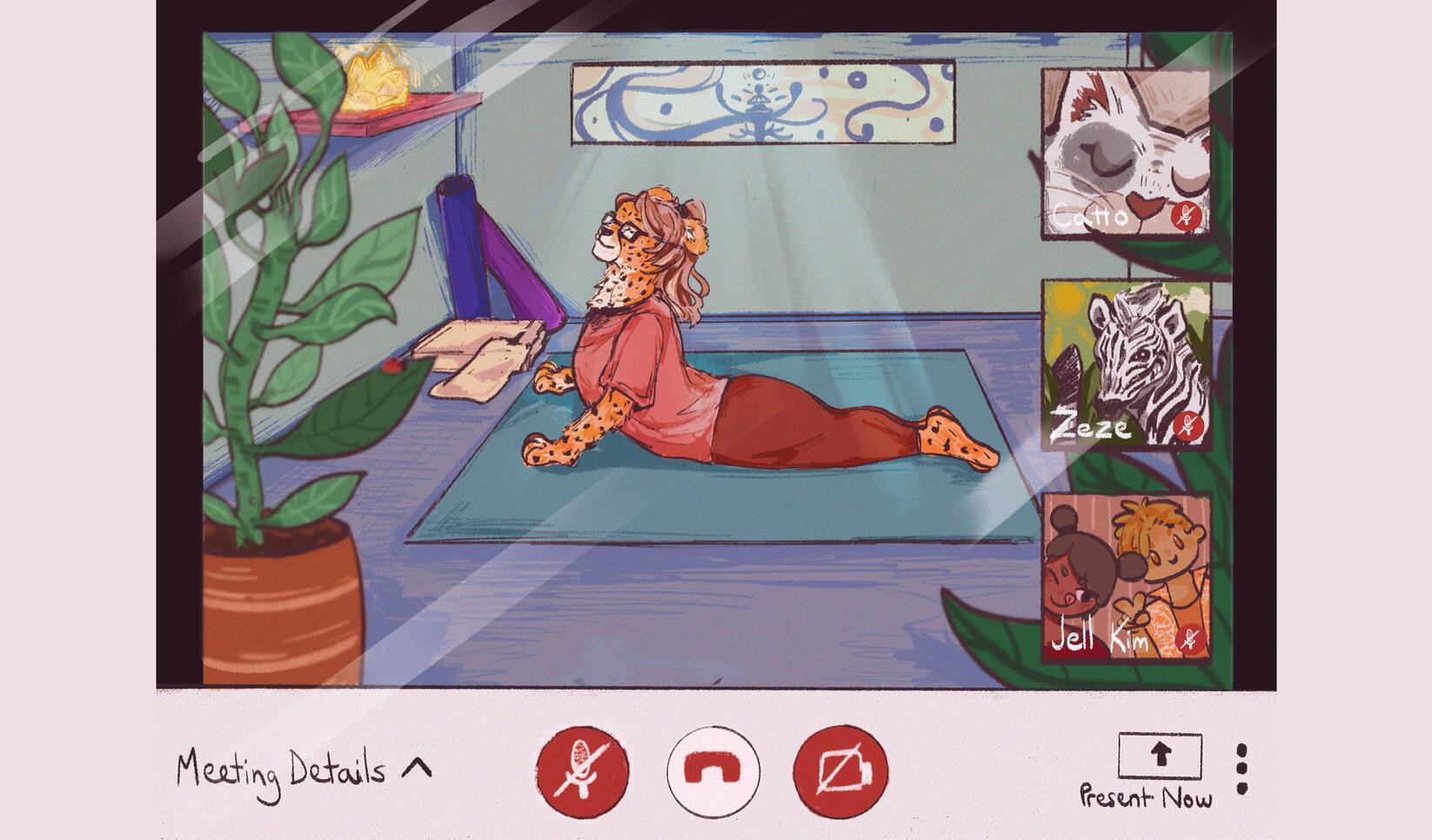 Illustration of animals and people doing yoga ; Ngan Huynh
