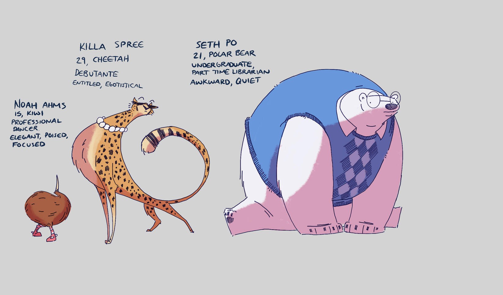 Animal character design of a kiwi, cheetah, and polar bear. ; Taylor Zerull