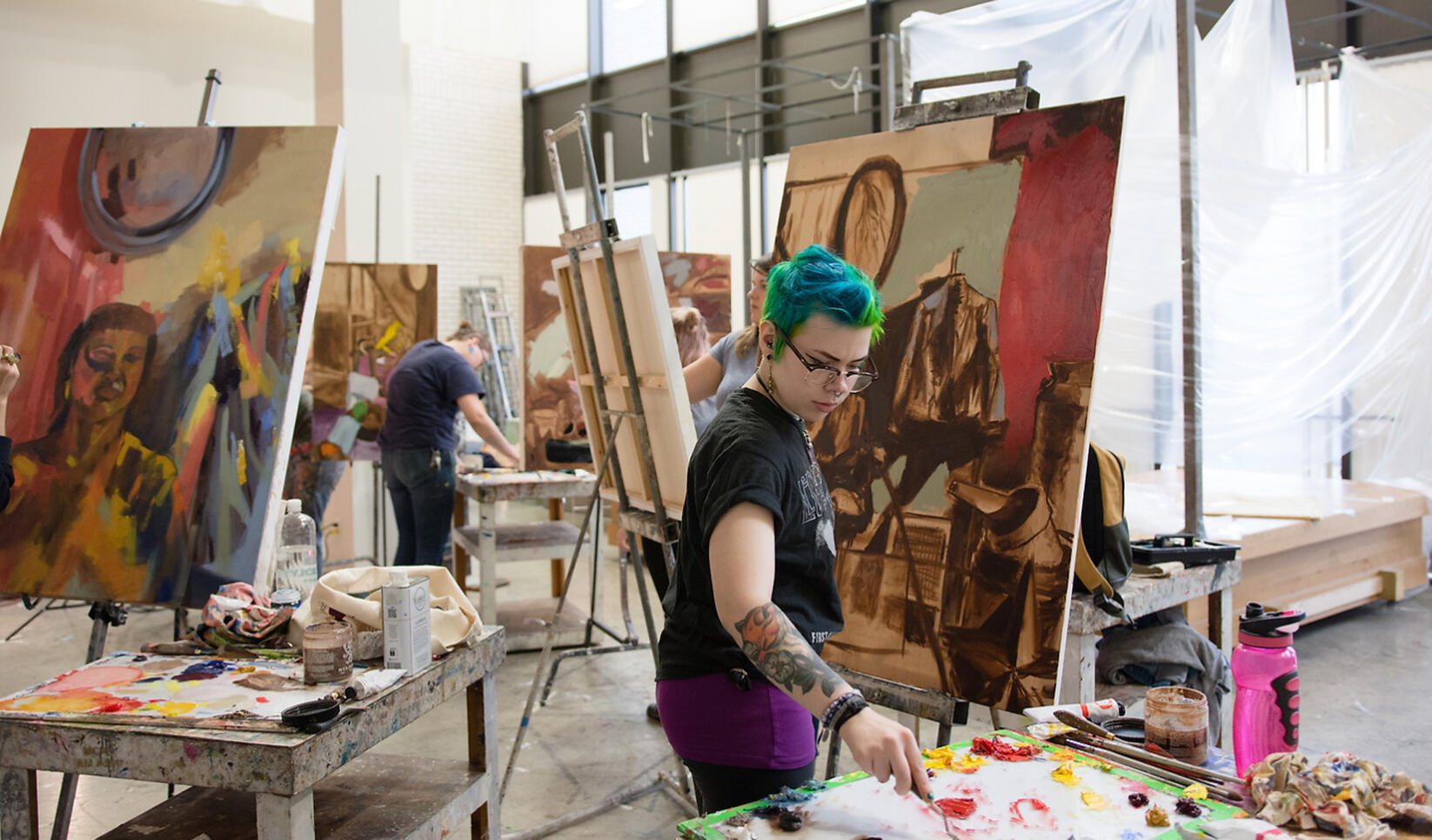 Students working in the painting studio