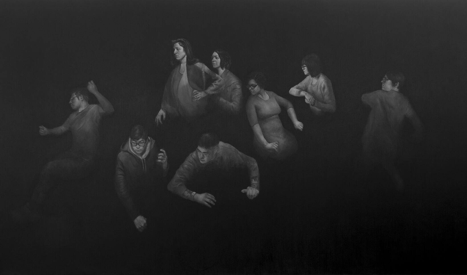 Oil on canvas painting of immigrants in the dark ; Jonathan Aller